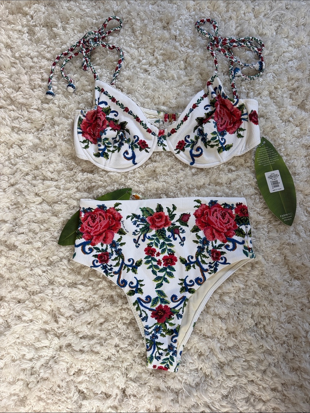 FARM Rio White Bikini Set with Red Rose Embroidery
